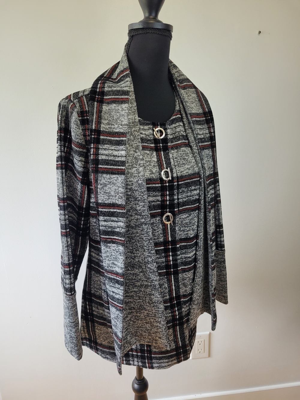 NWT Le Grenier Plaid Cardigan/Jacket with Matching Scarf - Size XS Fits Small